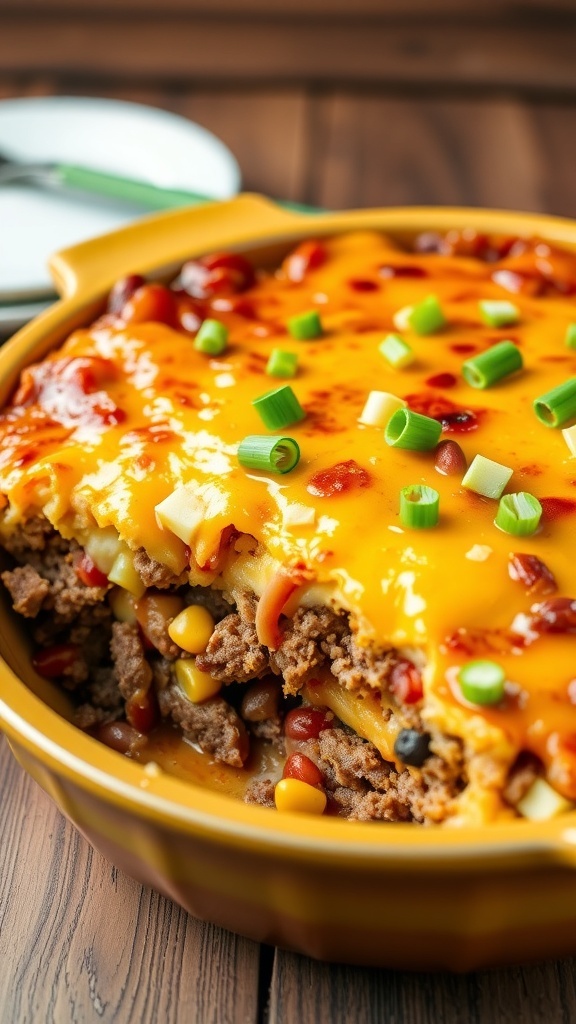 A hearty 7-layer casserole with ground beef, beans, corn, and cheese, garnished with green onions, on a rustic table.